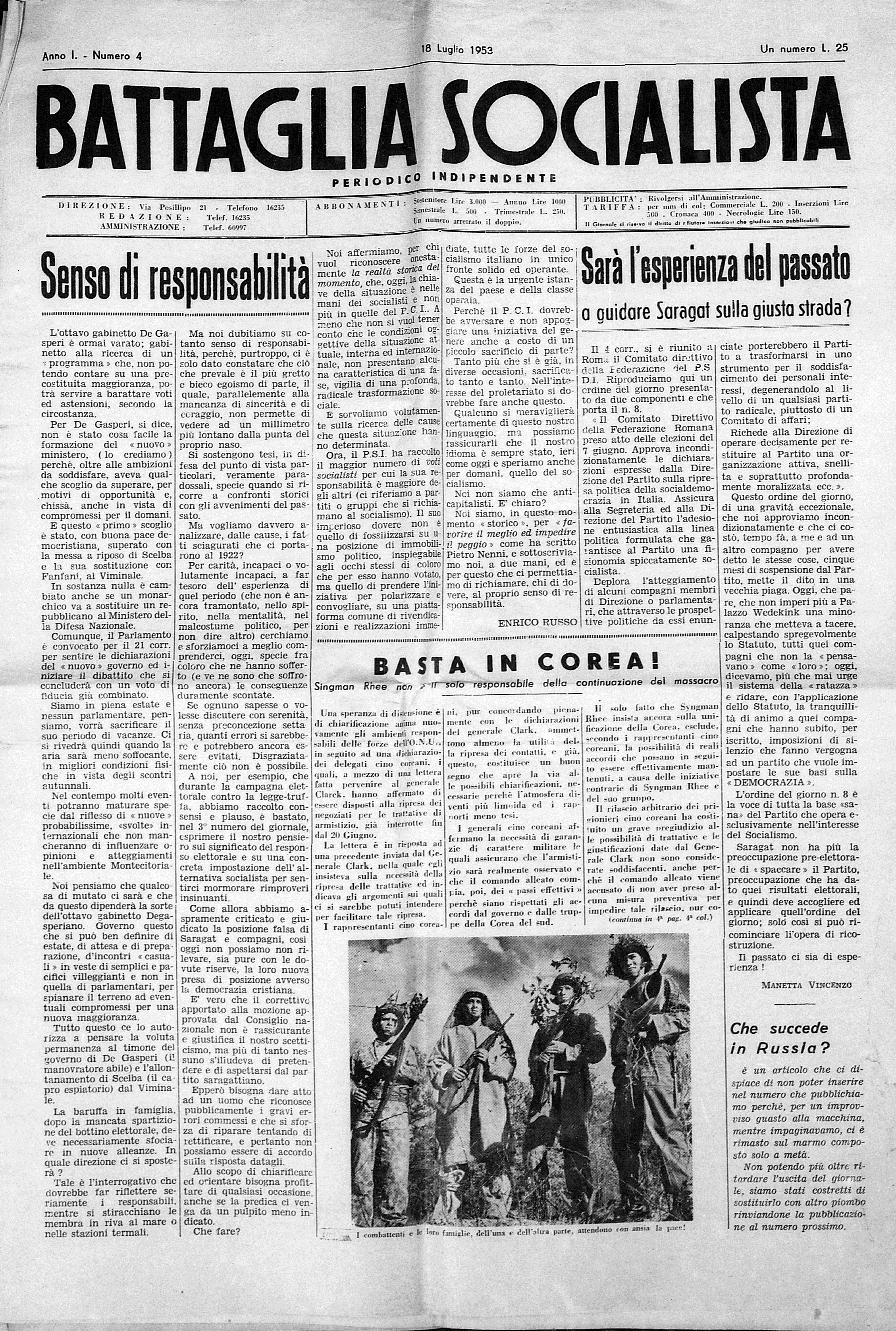 Battaglia Socialista luglio 1953 - pag. 01
