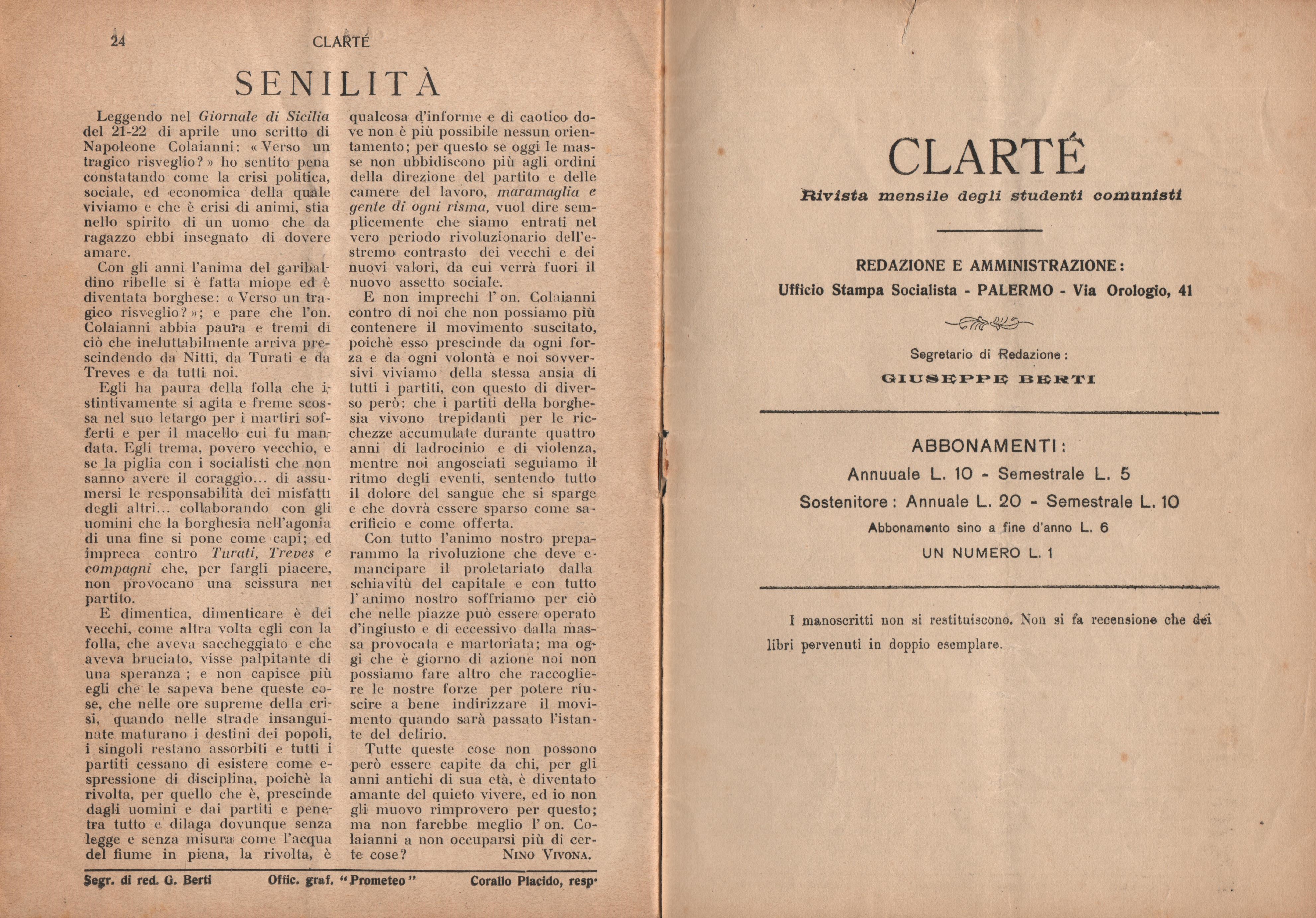  Clarté. Rivista mensile degli studenti comunisti (a. I, n. 1, Palermo, 15 maggio 1920) - pag. 14