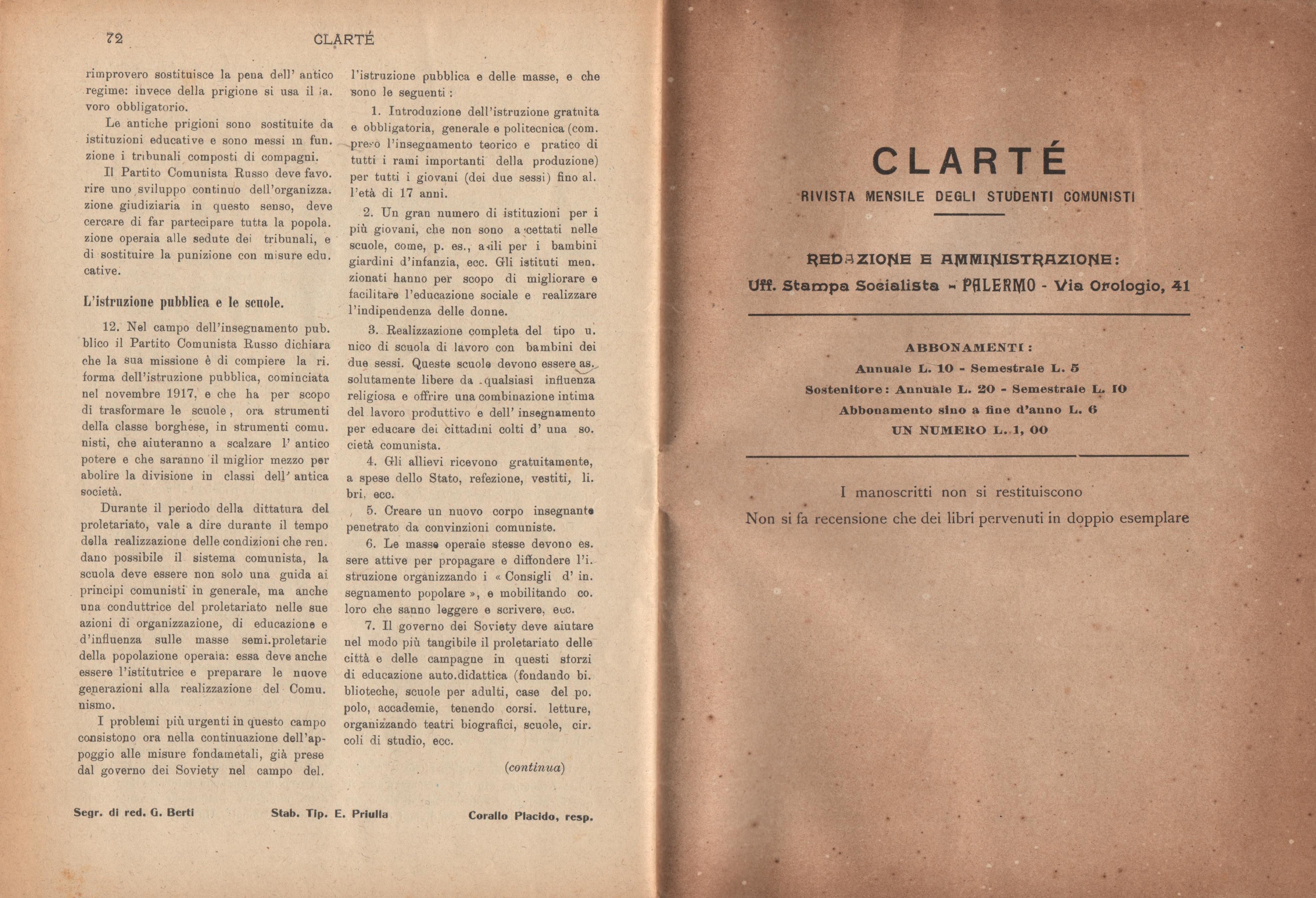 Clarté. Rivista mensile degli studenti comunisti (a. I, n. 3, Palermo, 15 luglio 1920) - pag. 14