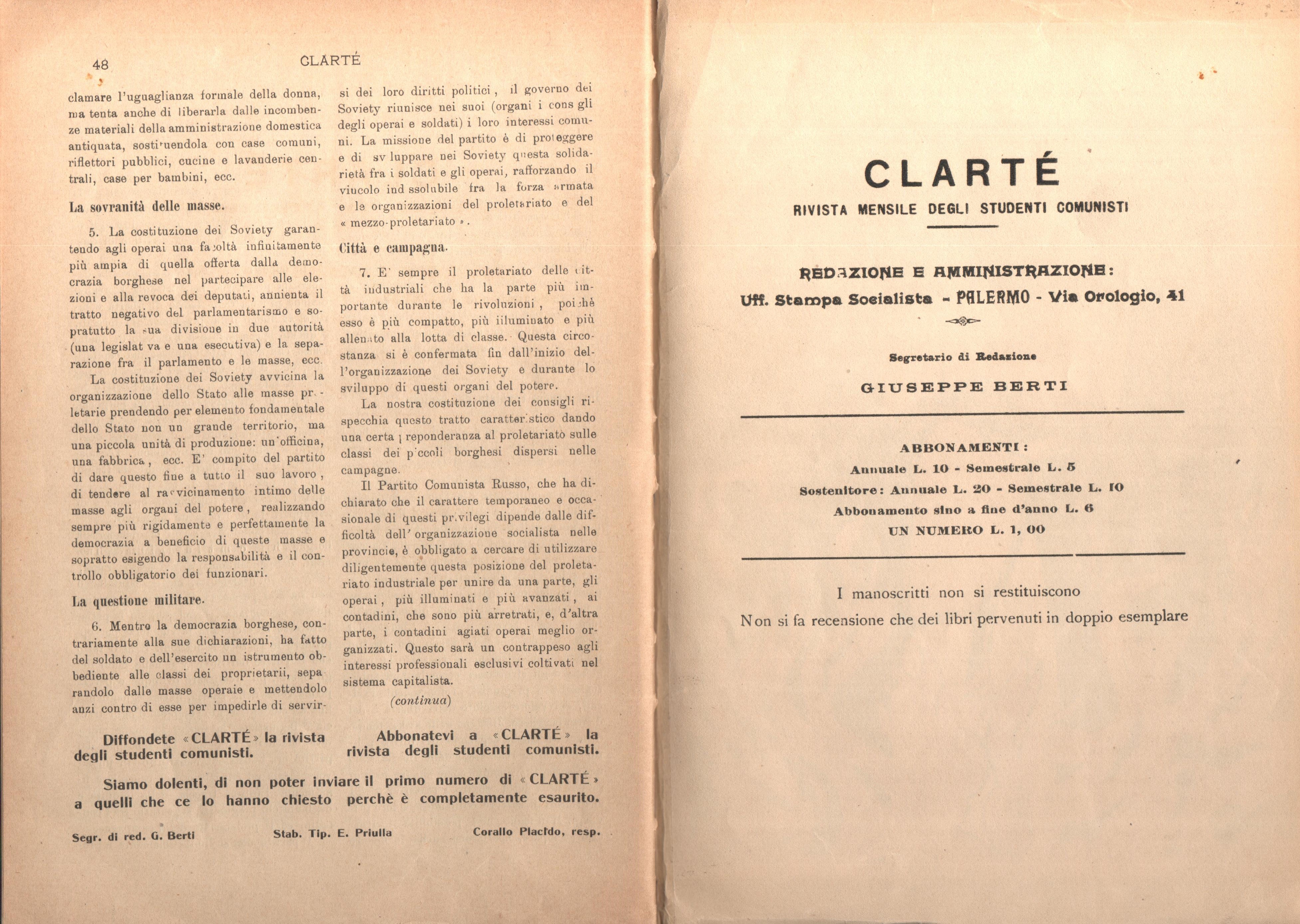 Clarté. Rivista mensile degli studenti comunisti (a. I, n. 2, Palermo, 15 giugno 1920) - pag. 14