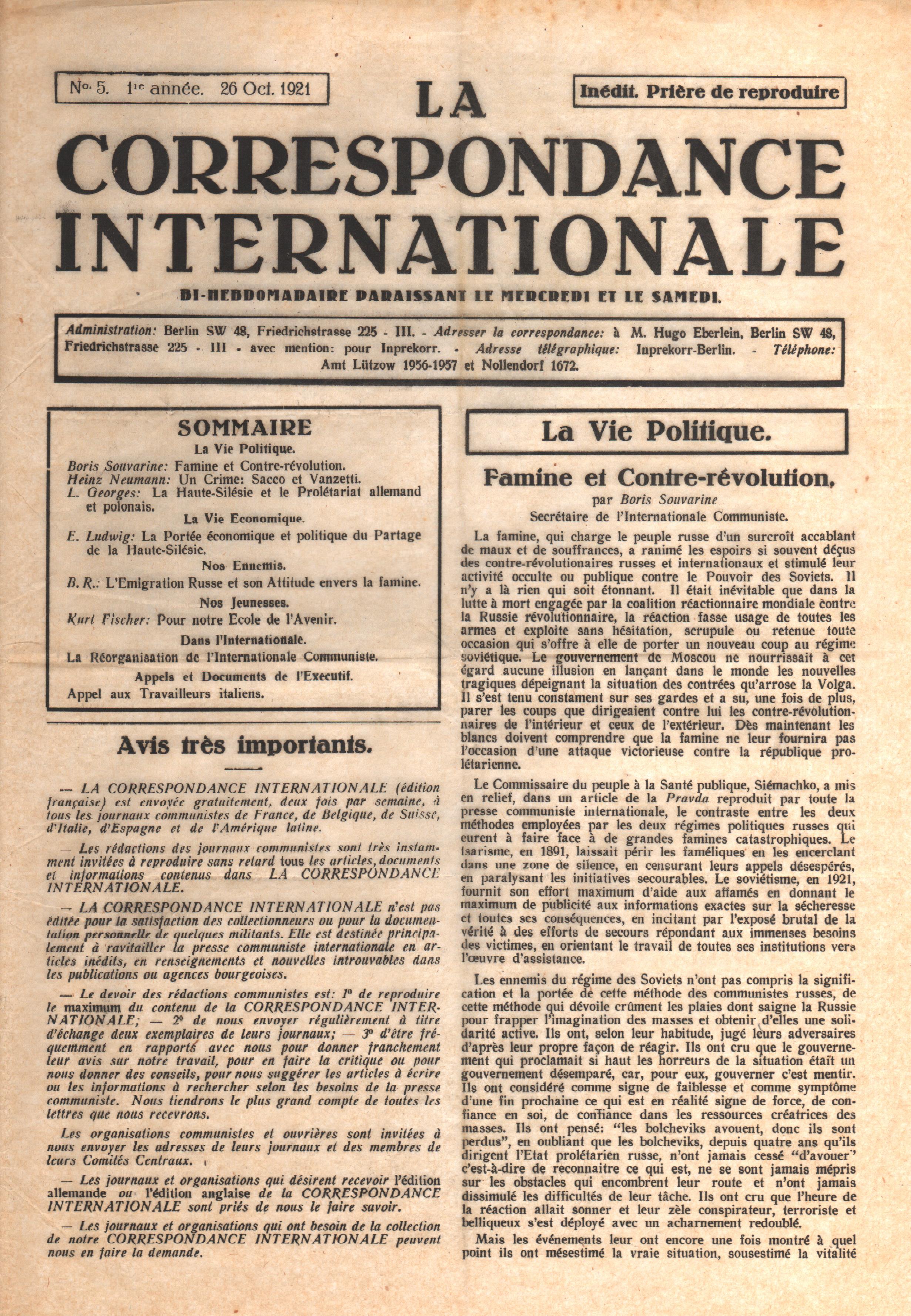 Correspondance Internationale n. 5 - pag. 1