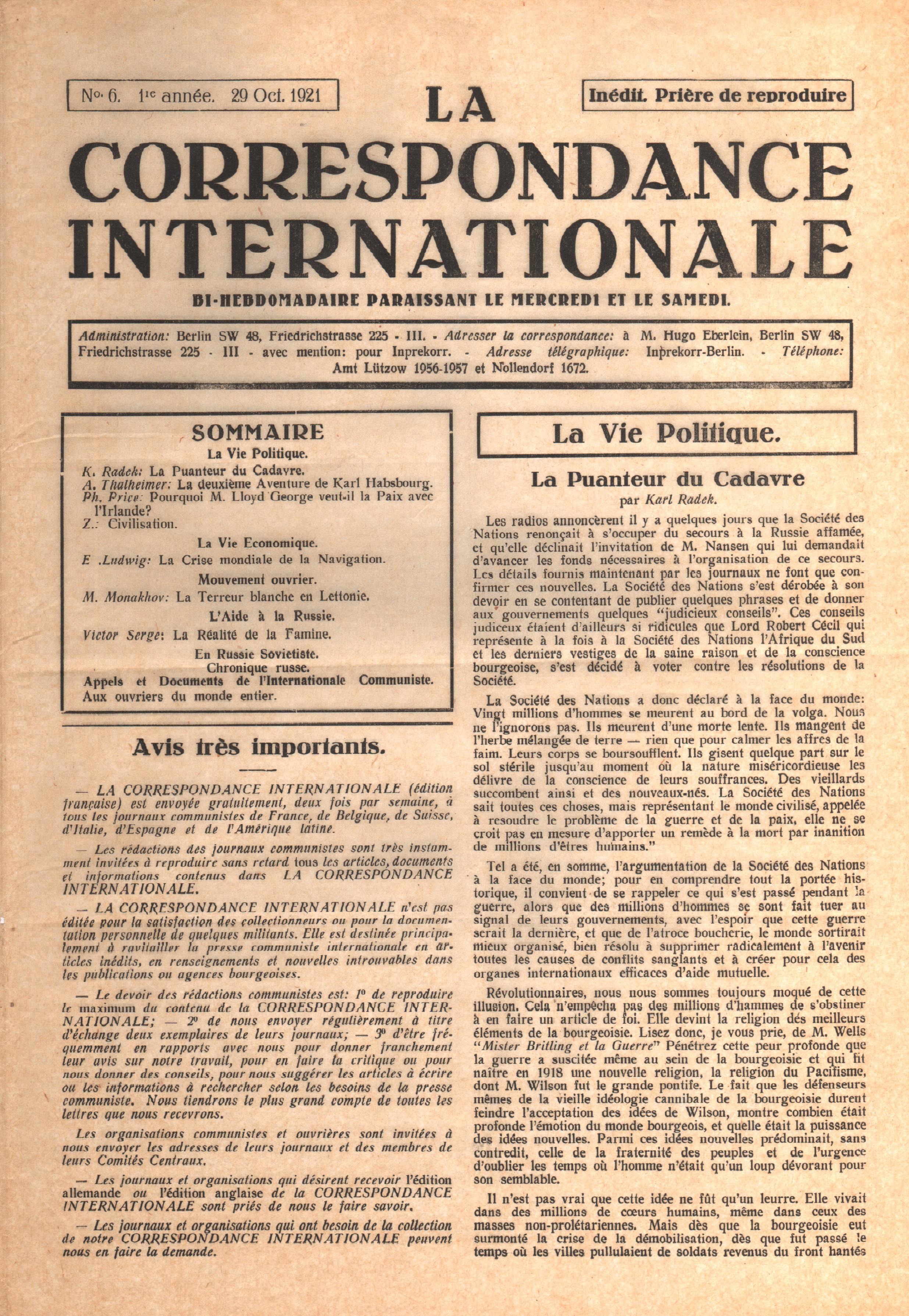  Correspondance Internationale n.6 - pag. 1
