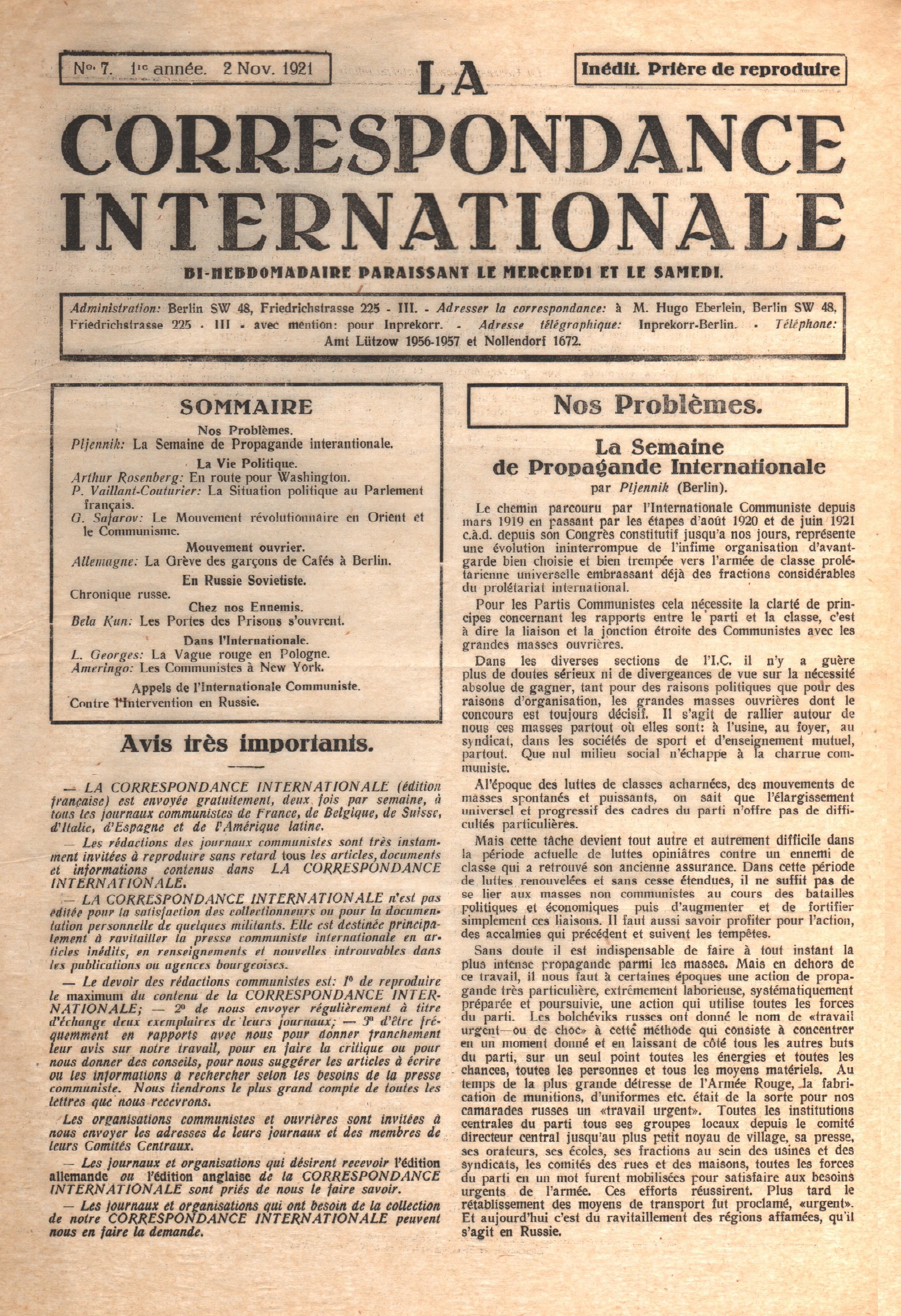 La Correspondance Internationale 7 - pag. 01