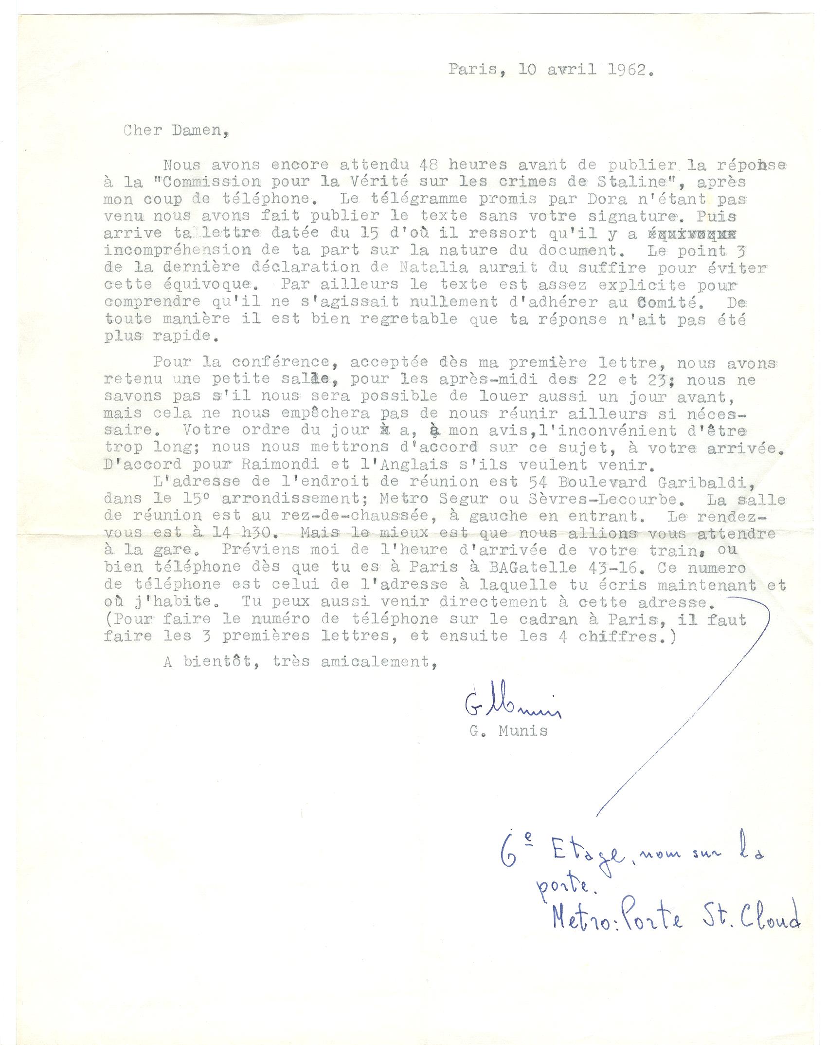 06 >> 4 - Lettera di Munis a Onorato Damen (10 aprile 1962)