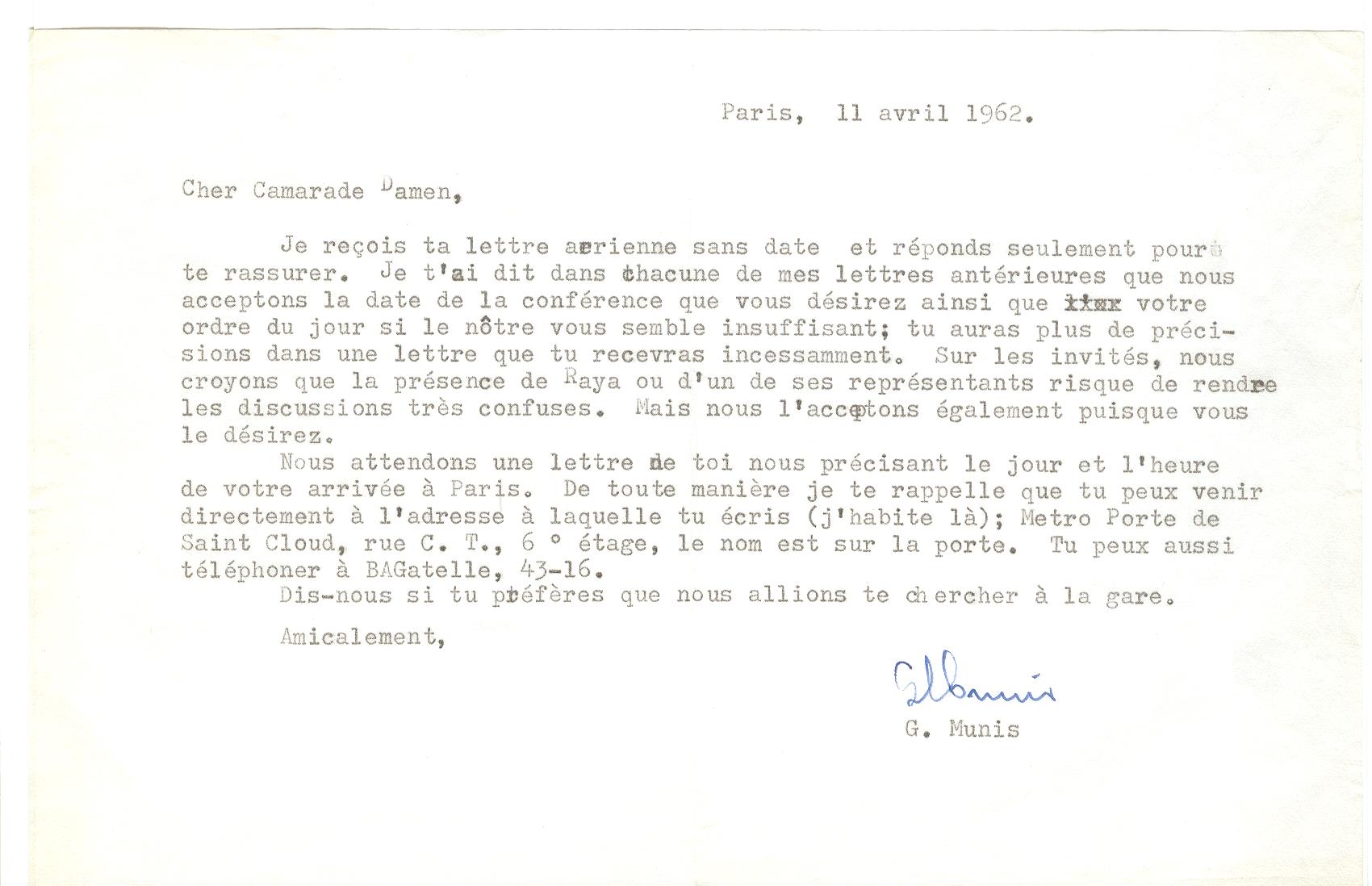 07 >> 5 - Lettera di Munis a Onorato Damen (11 aprile 1962)