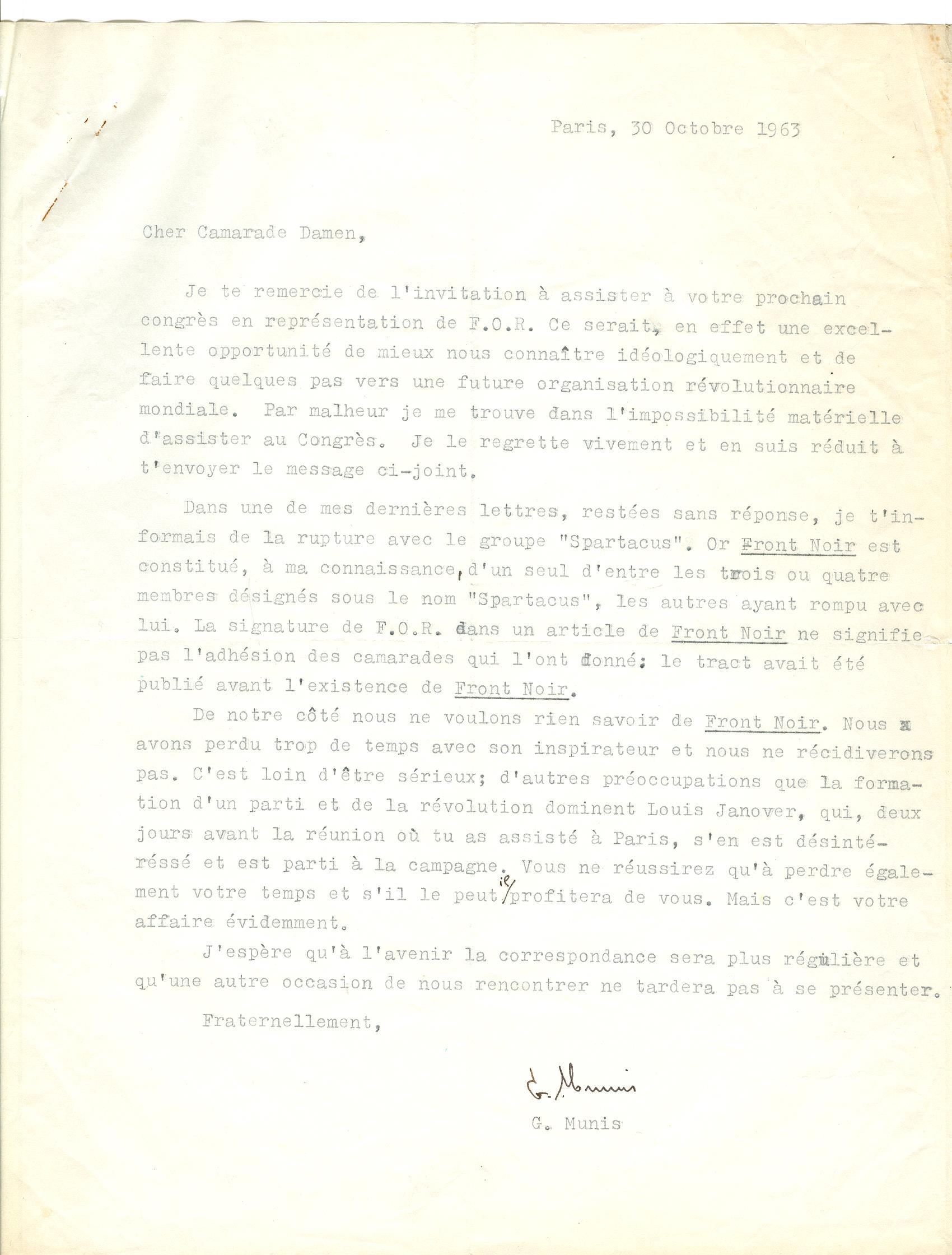 08 >> 6 - Lettera di Munis a Onorato Damen (30 ottobre 1963)