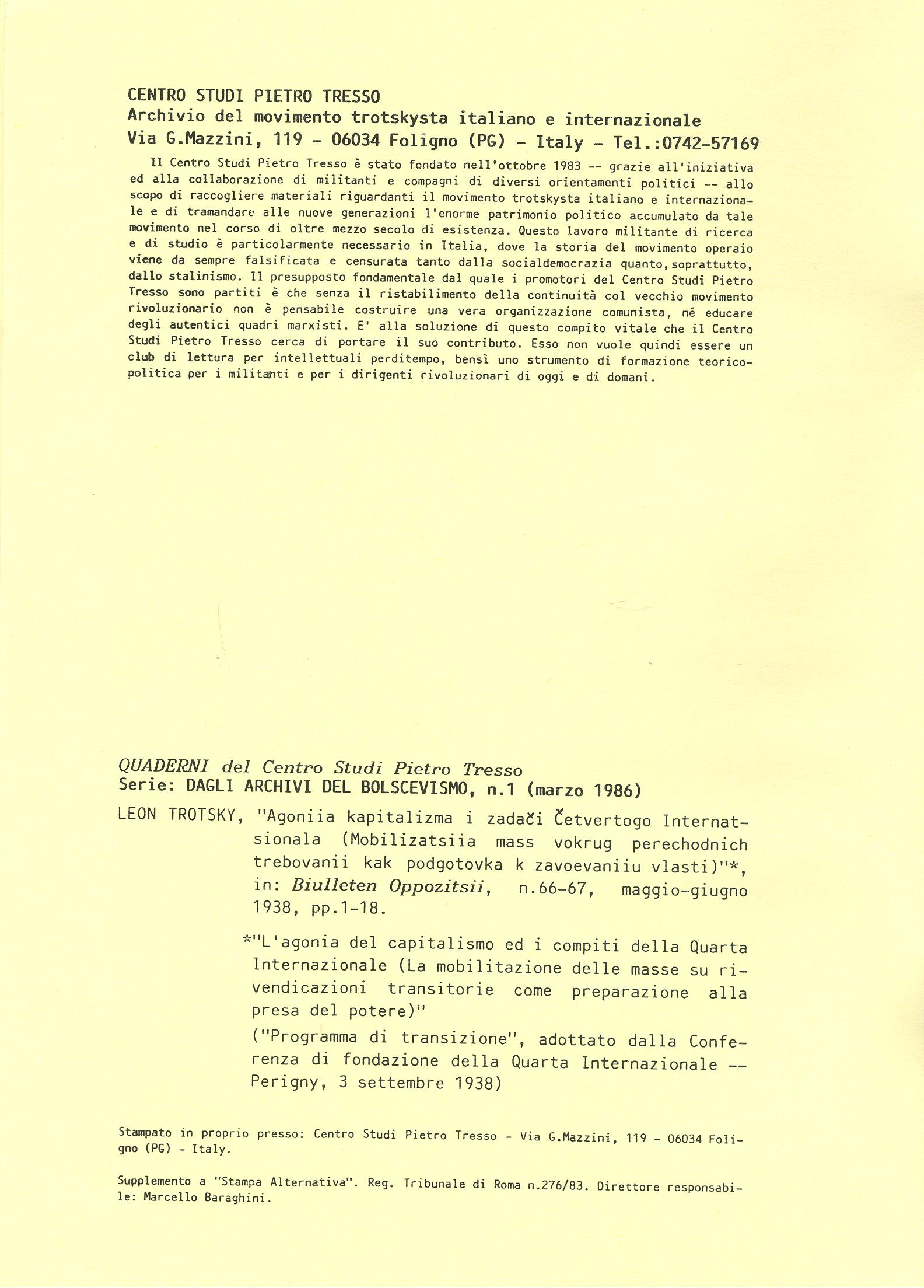 Dagli archivi del bolscevismo n. 1 (marzo 1986) - pag. I